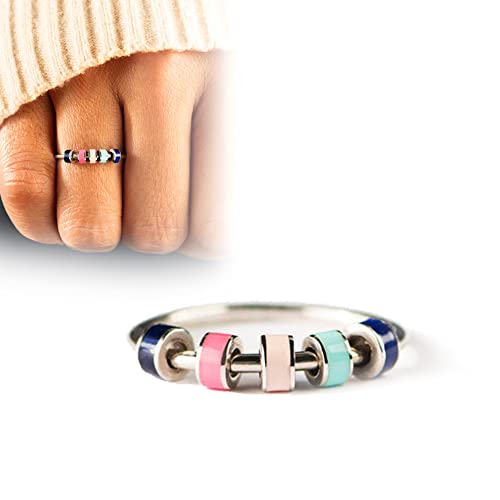 PFZL I'm Your Little Fidget Ring, Bague en Argent Sterling 925 avec émail Rotatif, Anneau pour Femme Soulagement de l'anxiété, Cinq Perles de Couleur Réglable Cadeau Anti-Stress (6) Cover