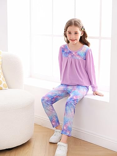 Image of Goodstoworld Girls Galaxy Outfits Winter Fall Spring Long Sleeve Clothing 6-7 Year Old Sweatpants 2pc Light Purple Outfits