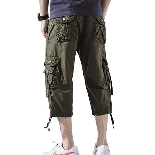 Dongd Mens Cargo Shorts Cotton 3/4 Loose Fit Below Knee Capri Cargo Short Army Green #TOP2