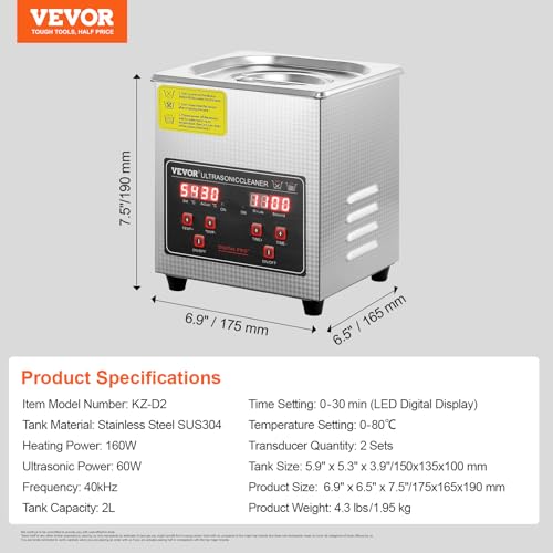 VEVOR Ultraschallreiniger Ultraschall Edelstahl-Reinigungsgerät 160 W, 2 L...