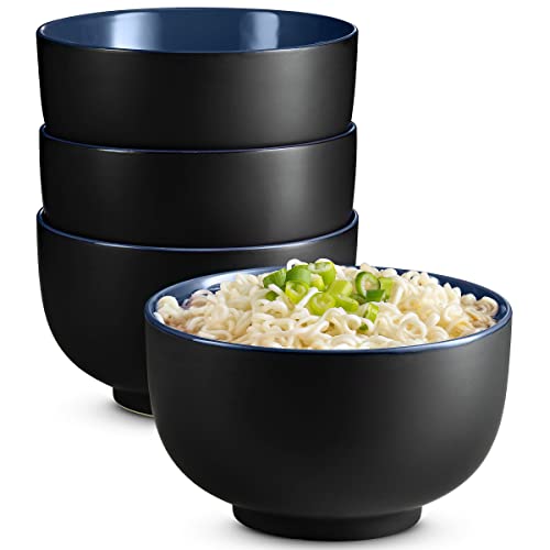KooK Ramen Bowl, Japanese Bowls, Noodle Bowls, Large Soup Bowl, Ceramic, Large Capacity, For Ramen, Pho, Udon, Soba, Microwave and Dishwasher Safe, 34 oz, Set of 4 (Black/Navy)
