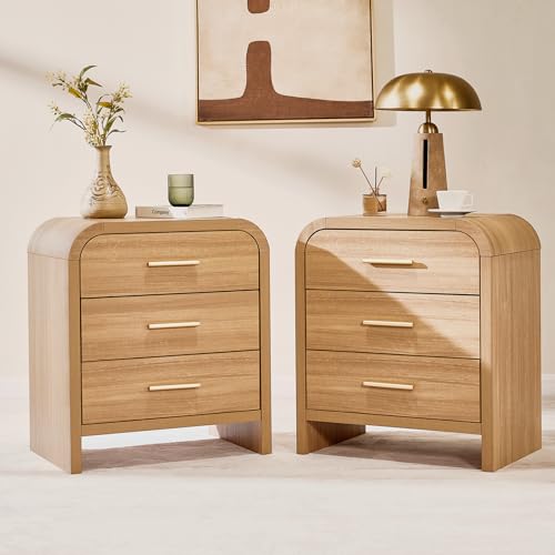 EliteSet Night Stand Set of 2 [Unique Curved Profile] [FSC-Certified Wooden Board] 3-Drawer Nightstand 24' H Metal Handle Modern Bedside Table