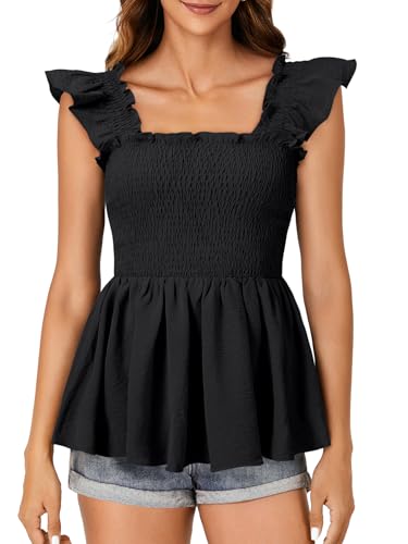 LYANER Women's Square Neck Ruffle Cap Sleeve Smocked Peplum Top Babydoll Shirred Blouse Cami Tank2