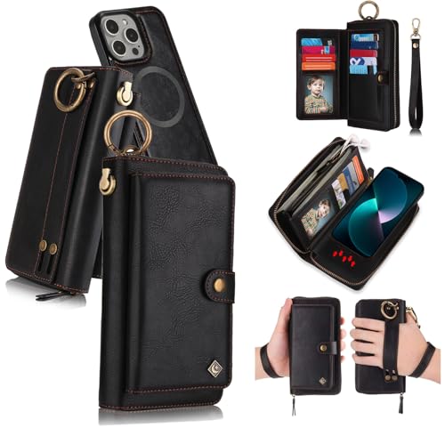 LITOU étui portefeuille cuir iPhone 15 Pro Max rabat fermeture éclair dragonne noir