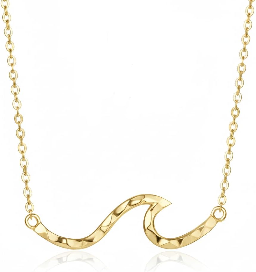 925 Sterling Silver Single Ocean Wave Necklace Pendant with 16"+2" Adjustable Link Chain, Nickle Free Hypoallergenic for Sensitive Skin, Opal Cubic Zirconia Hammered, with Gift Box
