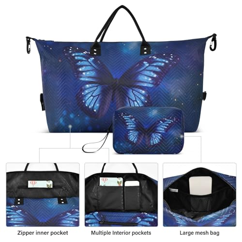 Large Travel Duffel Bag, Butterfly Blue Sports Tote Gym Bag, Shoulder Weekender Overnight Bag for Women Men, Carry On Luggage with Toiletry Bags2