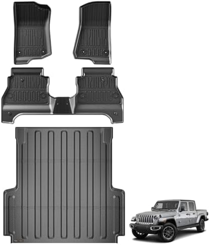 TripleAliners Truck Bed Mat & Floor Mats Front Rear Full Set Compatible with 2020-2025 Jeep Gladiator Accessories All Weather JT Pickup TPE Liner Custom Fit (Truck Bed Mat+Floor Mats)