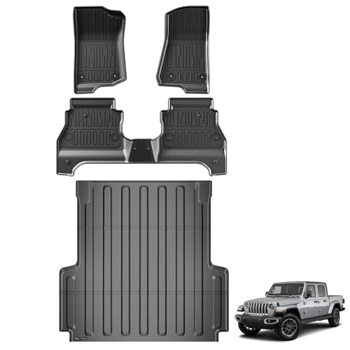 TripleAliners Truck Bed Mat & Floor Mats Front Rear Full Set Compatible with 2020-2024 Jeep Gladiator Accessories All Weather JT Pickup TPE Liner Custom Fit (Truck Bed Mat+Floor Mats)