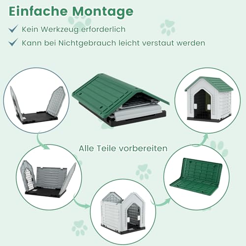 GOPLUS Hundehütte Outdoor, Hundehütte wetterfest mit verschließbarer Gittertür & erhöhter Boden, Luftventile, Schrägdach, Hundekäfig Indoor, Haustierhaus Zuhause für Hunde & Katzen (Grün)