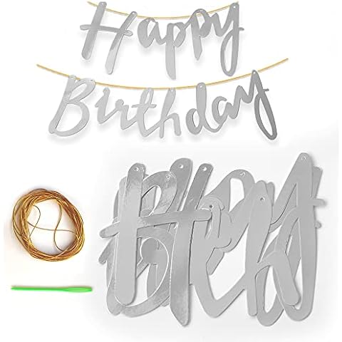 TOYVENTURES Silver Birthday Decorations, Silver Happy Birthday Banner Garland for Birthday Party Decorations (1 Piece, with Silver String Inside) (Silver String) Cover