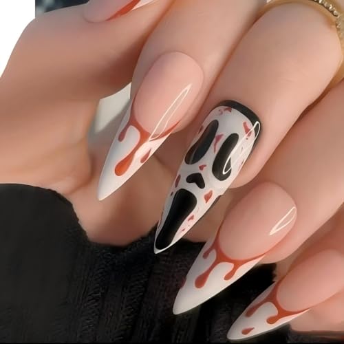 Rchovsam Halloween Press on Nails Long Stiletto Fake Nails with Blood Drip Design Black White Horror Eye Nail Art Spooky Full Cover False Nails for Women Party Cosplay Costume Decoration-24PCS