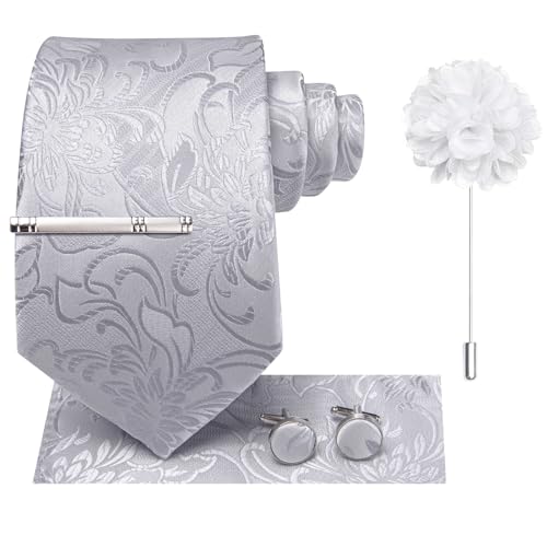 Image of Hi-Tie Silver Gray Ties for Men Set Floral Jacquard Necktie and Pocket Square Lapel Pin Silver Tie Clip Cufflinks Set Wedding Business 6PCS