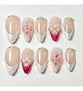 10Pcs Flower Press on Nails Pink French Tip Fake Nails Medium Almond Shaped 3D Floral with Pearl ...