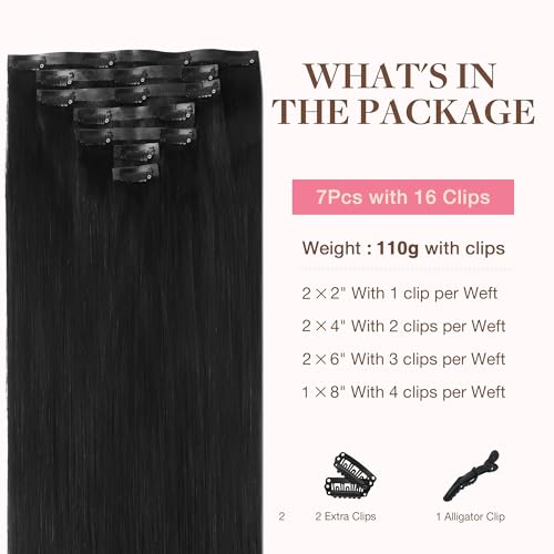 Image of GOO GOO Clip in Hair Extensions Real Human Hair, Remy Human Hair Extensions Clip ins for Women, Natural Human Hair, 18inch 110g 7Pcs, 1B Natural black