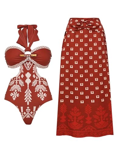 FLAXMAKER Retro Halter O Ring Decoration Printed Cut Out Ethnic Style One Piece Swimsuit and Skirt