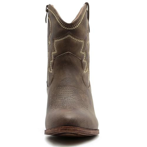 Image of GLOBALWIN Women's Cowgirl Boots Ankle Brown Cowboy Boots With Embroidered Stitching Low Heel Comfortable Western Boots For Country Outfits