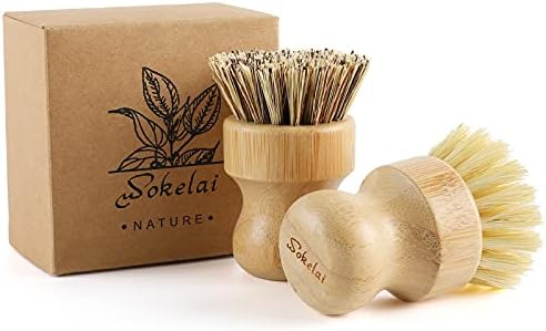 Wokelai Bamboo washing up brushes set for kitchen - Eco Friendly Natural wood Sisal fibre bristle dish brush for Dishwashing Cast Iron Pots Pans Skillet Vegetables Sink, Set of 2