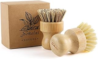 Wokelai Bamboo washing up brushes set for kitchen - Eco Friendly Natural wood Sisal fibre bristle dish brush for Dishwashing Cast Iron Pots Pans Skillet Vegetables Sink, Set of 2