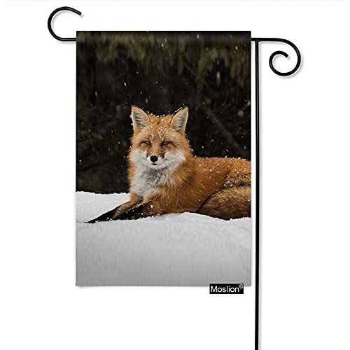 Moslion Fox Garden Flag Vertical Double Sided Wild Animal Cute Foxes Lie in Snow Field Tree Snowflake House Flags Home Burlap Banners 12.5x18 Inch for Outdoor Decor Lawn