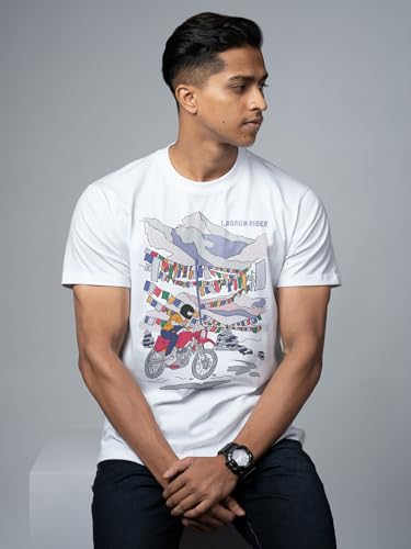 Image of T-Shirt for Men - 100% Cotton Ladakh Motorcycle Rider Half Sleeve Round Neck Graphic Print | Regular & Oversized Fit | 180 /220 GSM | S-5XL | Black, Navy Blue, Olive, Red, White