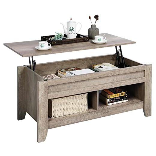 Topeakmart Lift Top Coffee Table with Hidden Storage Compartment & Open Shelf, Lift Up Coffee Table, Farmhouse Center Table for Living Room, Gray