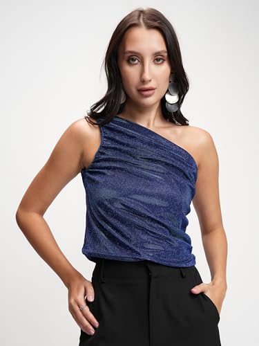 Image of Tokyo Talkies Women's Solid One Shoulder Draped Top | Elegant Asymmetrical Design for A Chic Look | Tops for Woman | Women Tops | Stylish Top
