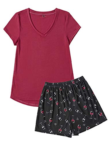VENTELAN Pajamas for Women Shorts Set Soft PJS Short Sleeve Sleepwear, Wine-red, X-Large VENTELAN Pajamas for Women Shorts Set Soft PJS Short Sleeve Sleepwear, Wine-red, X-Large