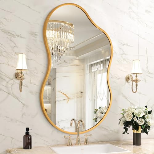 HLFMVWE Irregular Bathroom Wall Mirror, Gold Aluminum Alloy Frame Asymmetrical Decor Mirrors Brushed Metal Vanity Wall Mounted Mirror for LivingRoom Bedroom Room Home Large 40x65 CM