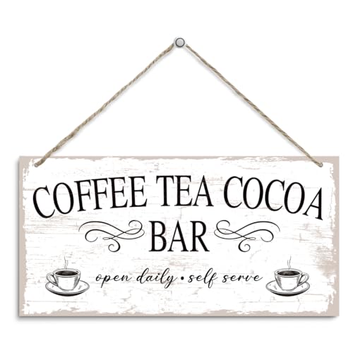 Coffee Tea Cocoa Bar decor Sign, Coffee Tea Cocoa Bar Open DAily Self Serve Hanging Sign, Vintage Kitchen Decor, Cafe Decoration with Rope Hanging 12 x 6 Inches