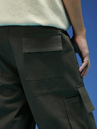 Image of Veirdo Baggy Fit with Button Closure Solid Lycra Woven Cargo Pants for Men (Colors: Beige, Black, Brown, Grey, Navy & Olive)