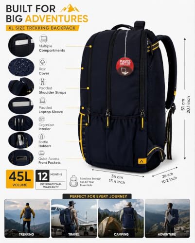 Image of Aristocrat RUKSUCK 45L Backpack with Padded Laptop Sleeve | 4 Compartments, Rain Cover Included, Organised Interior, Bottle Holder, Quick Access Pockets