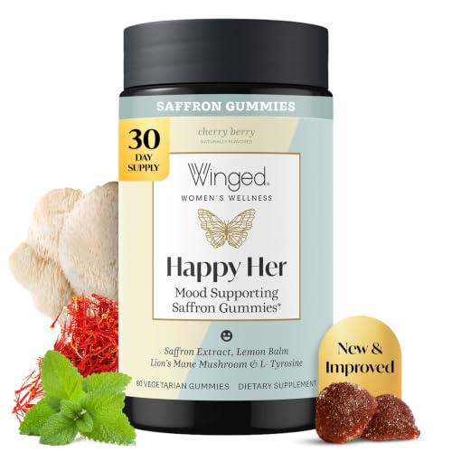Winged Wellness Happy Her Mood Gummies - Daily Mood Enhancer Support Supplement for Women - Saffron L-Tyrosine Lemon Balm & Lions Mane Mushrooms for Balance & Calming Relief - 60 Vegan Gummies