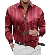 Blissshow Men's Luxury Satin Silk Shiny Lurex Dress Shirt Button Up Long Sleeve Wedding Party Cas...