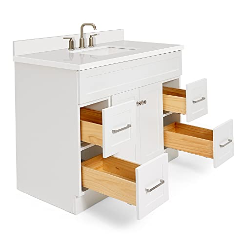 Ariel Single Sink Bathroom Vanity Cabinet In White Pure White Quartz Counter-Top | 2 Soft Closing Doors | 4 Full Extension Dovetail Drawers | Built In Toe Kick | No Mirror | 43" X 22" X 36" #TOP4
