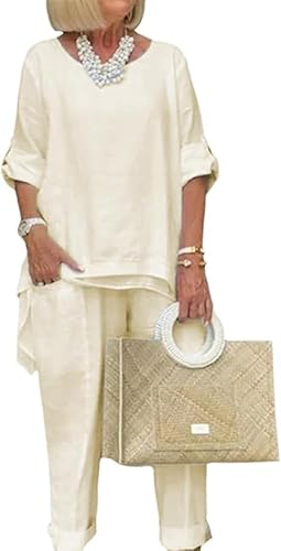 Elegant Beige Linen Pantsuit for Women - 2 Piece Dressy Set in X-Large by Awodent