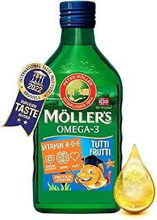 Mollers ® | Omega 3 for kids Cod Liver Oil | Nordic Omega-3 Dietary Supplements with EPA, DHA, Vitamin A, D & E | Pure, Natural cod Liver Oil Liquid | 166-year-old-brand | Tutti Frutti Taste | 250 ml