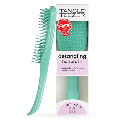 Image of Tangle Teezer Ultimate Detangler Curly Hair Brush, 3C to 4C, Aqua Green | Patented two-tier, firm-flex teeth detangle, reduce breakage & frizz on wet or dry hair; hairbrush for curly to coily hair