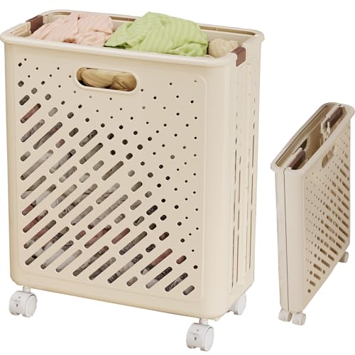 Zilnox 洗濯かご 折りたたみ ランドリー バスケット 折り畳み 洗濯カゴ スリム キャスター付き 大容量 幅37.5×奥行21×高さ49.5cm クリームイエロー 35L