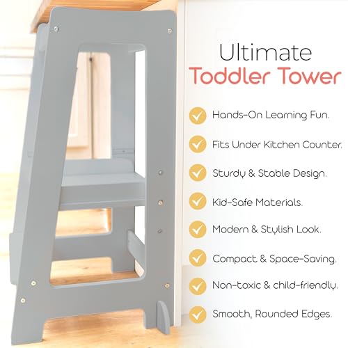 Stepup Baby Toddler Step Stool - Adjustable Height Kids Helper Step Stool, Durable, Non-Slip and Bathroom Sink, Platform for Kitchen, Toddler Tower for Exploration and Growth - Grey