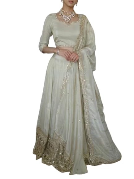 Pristiq Fashion Designer Sequined Lehenga Choli Set, Off-White with Pearl Embellishments, Traditional Indian Wedding Wear.-image-35