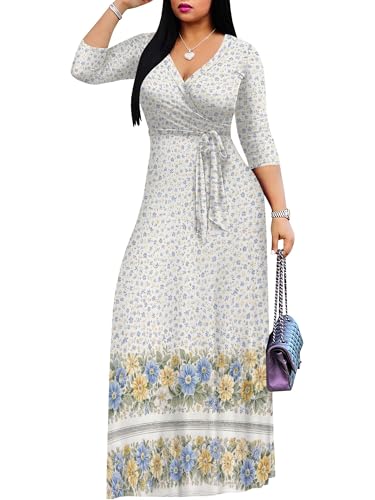 Image of Women's V Neck Floral Maxi Dress 3 /4 Sleeve Plus Size Boho Wrap Flowy Long Dresses with Belt