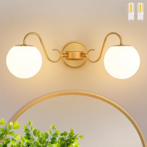 Image of Vintage Brushed Gold Bathroom Vanity Light Fixtures Over Mirror 2 Lights