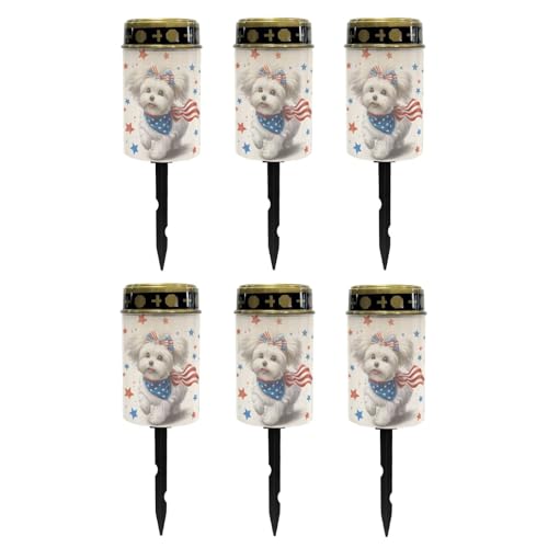 Image of Poceacles Maltese Dog American Flag Star Solar Powered Outdoor Lights 4th of July Cemetery Solar Memorial Lights Outdoor Waterproof Landscape Candles for USA 250th Anniversary Decor, 6 PCS