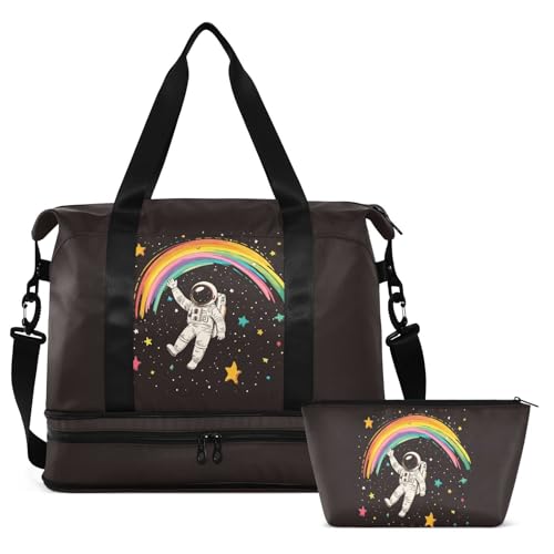 Astronaut Rainbow Black Travel Duffel Bag for Women Men Gym Bag with Shoe Compartment Wet Pocket Carry On Weekender Overnight Bags for Travel Weekend Getaway