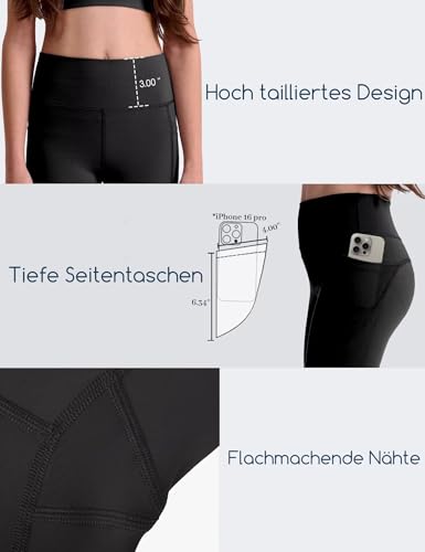 Roself Moment 3er Pack Mädchen Leggings Lang, Stretch Hosen mit Hohem Bund, Leichte Sportbekleidung für Kinder mit Taschen