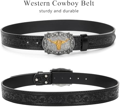 SUOSDEY Western Cowboy Lederen Riemen Voor Mannen Vrouwen Texas Longhorn Bull Gesp Bloemen Gegraveerde Reliëf Lederen Riem Voor Jeans, Fit waist size 35-38