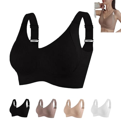 Floralshe Brasier,Sujetador Sin Aros Ajustable De Cuatro Filas De Color Liso para Mujer,Sujetadores Sin Aros Y Sin Costuras para Mujer (Negro,M)