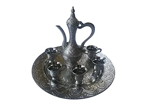 BAYKUL Luxury Vintage Turkish Coffee Cups Set of 6 with Tray and Teapot, Greek Arabic Espresso Demitasse Cup Sets for Serving Tea, Zamzam, Coffee, Cappuccino, Gold Silver Ottoman Trim (Silver)