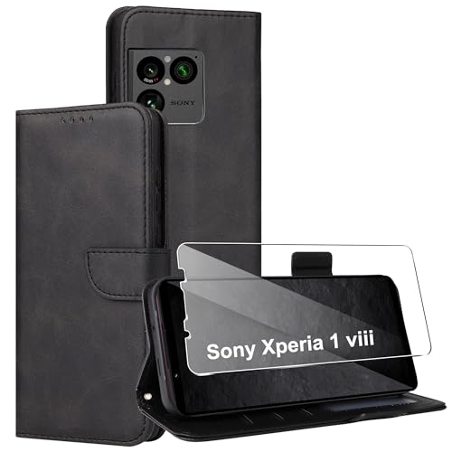 Effcotuo Coque pour Sony Xperia 1 VIII 5G, Etui Coque avec 1 Verre Trempé Protection écran Porte Carte Clapet à Rabat Portefeuille Cuir Pochette Case Housse...