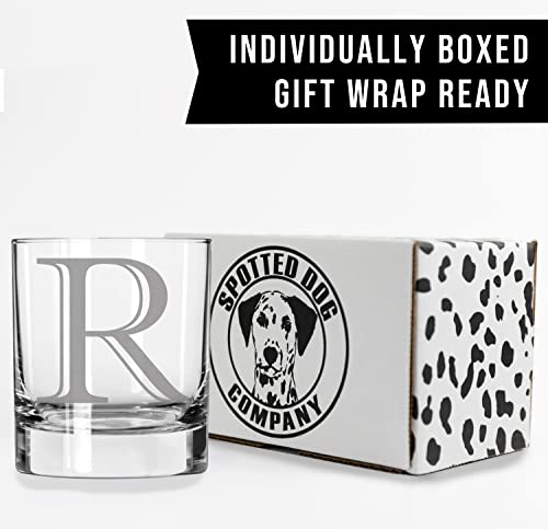 Etched Monogram 11Oz Whiskey Rocks Glass (Letter R), A-Z Customized Bourbon Gifts For Men, Personalized Old Fashioned Scotch Glass, Custom Engraved Gifts For Him, Initial, Name, Regalos Personalizados #TOP5